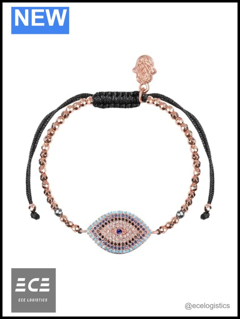 Hematite Beaded Bracelet Evil Eye 18K Rose Gold Plated Adjustable